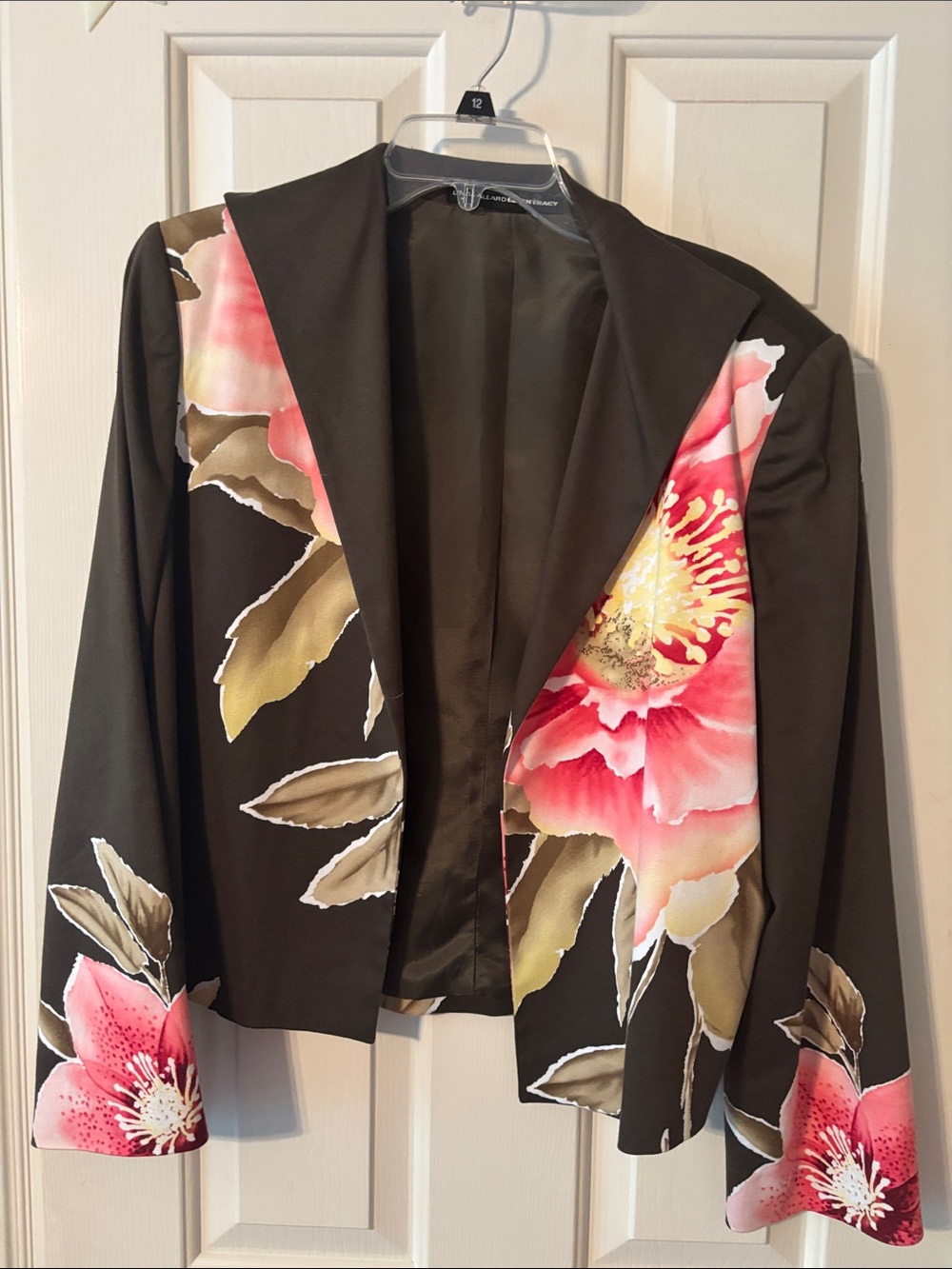 Dark olive Floral Open-Front Women's Jacket with Pink Blooms